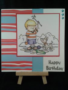 Hand made birthday card of a boy playing with his dog - by Cheeky Frog Handmade Cards