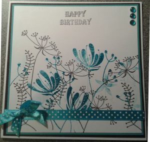 Hand stamped birthday card of teal coloured ferns - by Cheeky Frog Handmade Cards