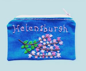 Hand sewn blue purse with cherry branch - by Sew Fab