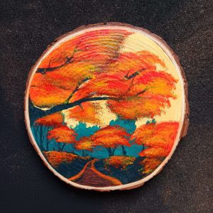 Hand painted autumn trees on a log slice - by Wallace Art Studio