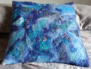 Blue felted cushion - by Woolly Jools