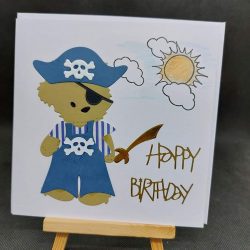 Handmade birthday card of a teddy bear dressed as a pirate - created by Bat Cave Cards