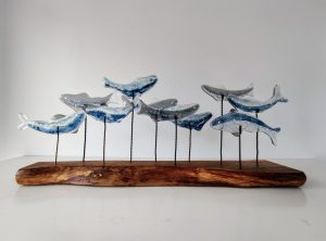 Fused glass fish on a wooden base - by Morvern Glass