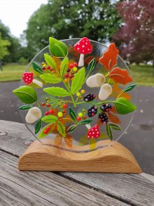 Woodland berries, leaves and mushrooms, hand fused glass art platter - by Morvern Glass