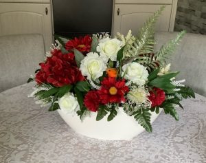 Realistic artificial flower arrangement in whites and reds - by The Flower Pot