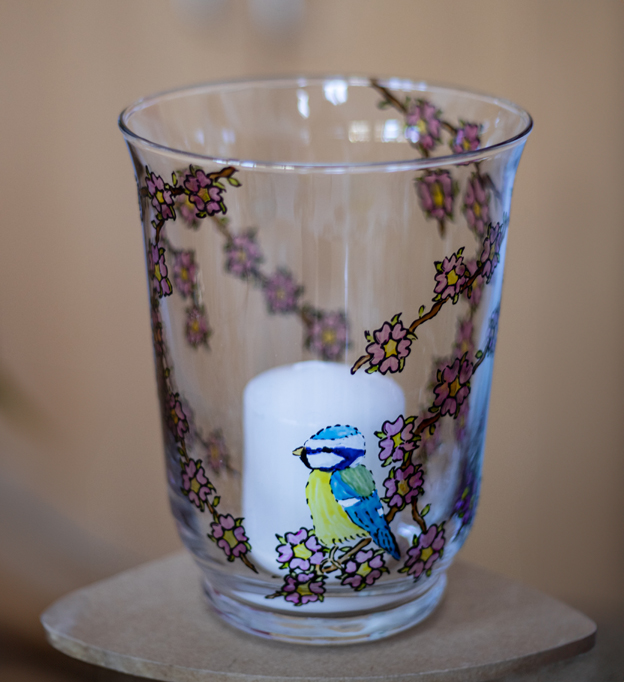 Hand painted glass by Painted at the kitchen table - taken at the 2024 Easter Craft Fair by the Helensburgh and Lomond Artisans Association (HLAA)