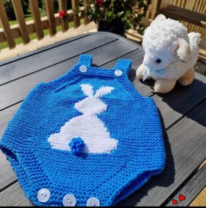 Hand knitted, blue baby outfit with bunny - by Valtos Hand Knits